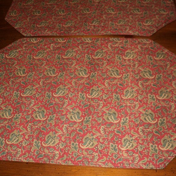 Set of 4 Reversible Place Mats 18" x 12" Paisley & Tiny Polka Dots Red Cotton - Picture 3 of 4